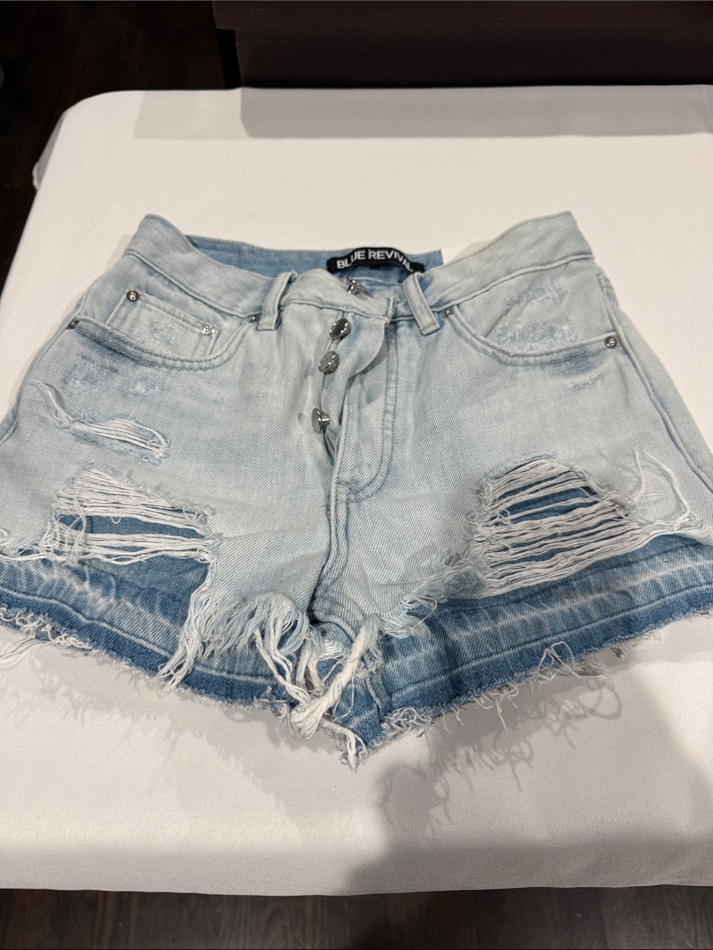 Blue Revival Light Wash Distressed Denim Shorts